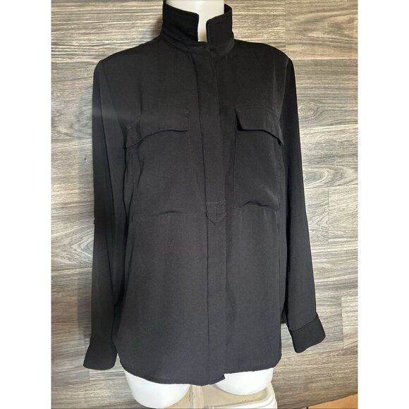 CATHERINE MALANDRINO Button Top Size M Basic Black Collar Roll Tab Sleeve Blouse - Picture 3 of 9